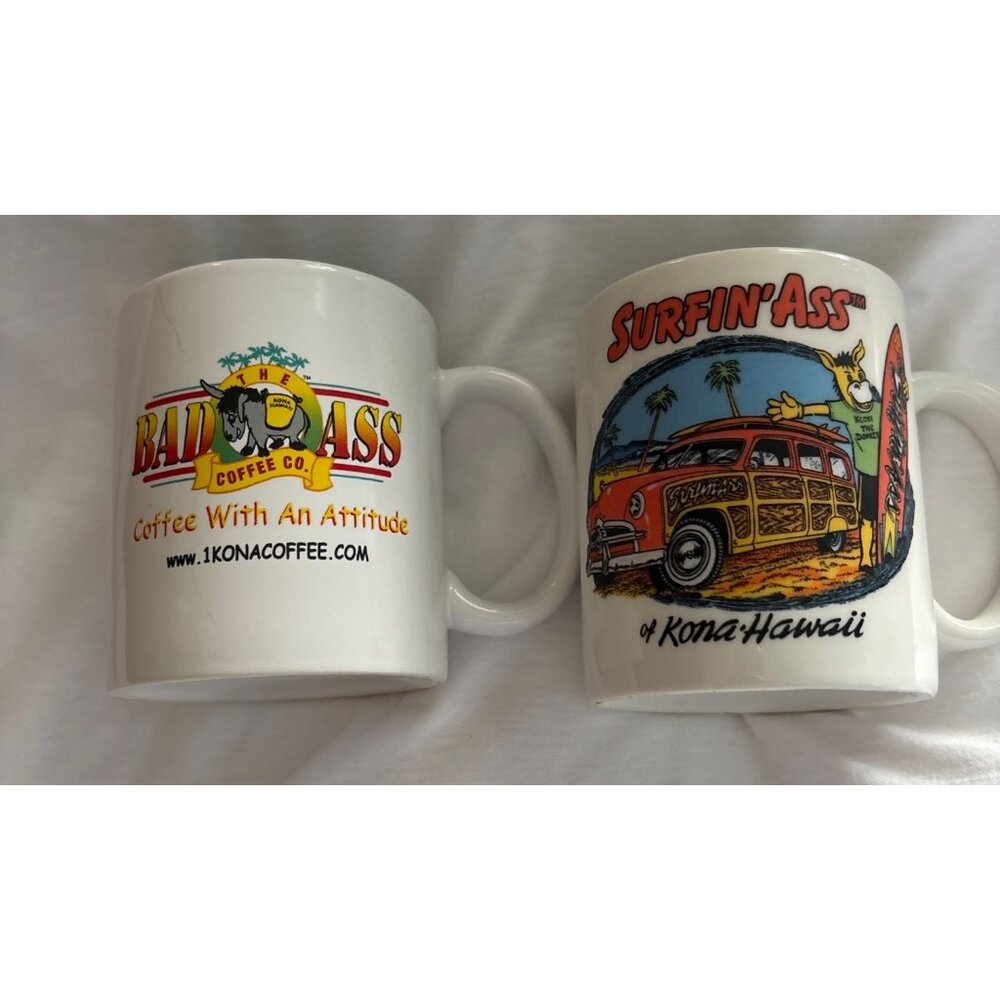 Set Of 2 Kona Hawaii Coffee Mugs Surfin Ass & Bad Ass Designs 11 Oz